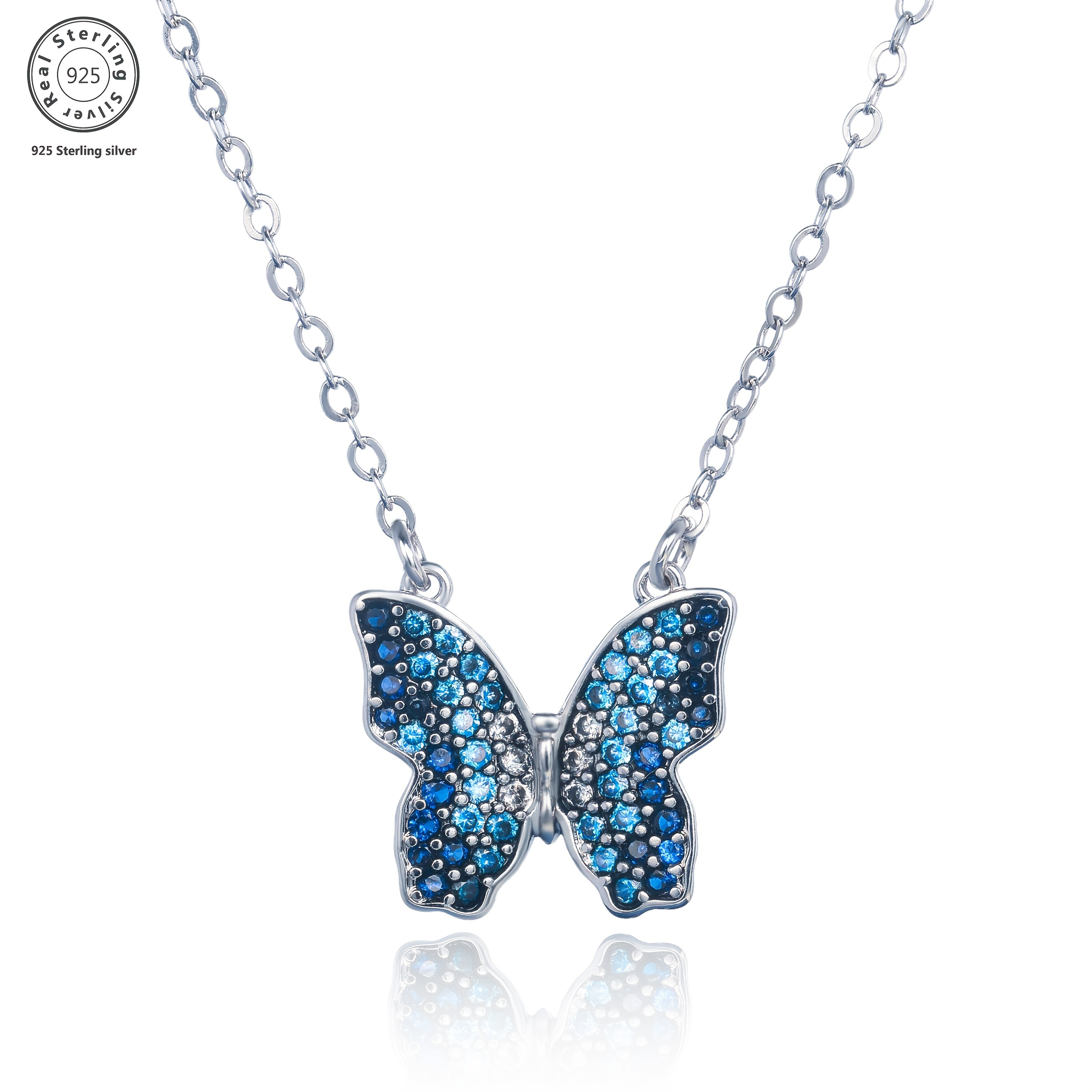 ARTPAGE 25 Silvery Blue Synthetic Zirconia Butterfly Pendant Necklace
